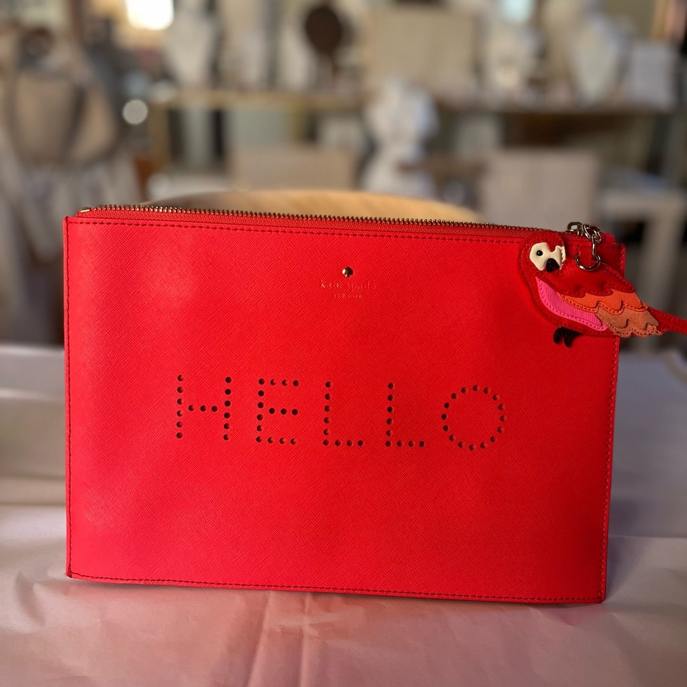 Kate Spade ♠️ Parrot HELLO Red Large Size Clutch Wristlet , EUC
